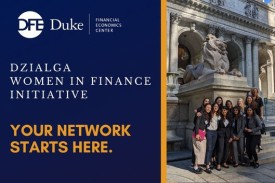 Duke Financial Economics Center, Dzialga Women in Finance Initiative, Your Network Starts Here, photo of a group of students in front of the New York Public Library